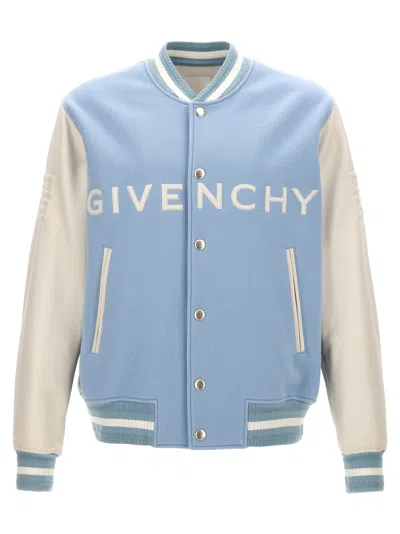 Givenchy Logo Detailed Varsity Bomber Jacket In White,sky Blue