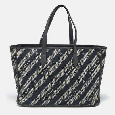 Pre-owned Givenchy Bond Chain Navy Blue/white Logo Jacquard And Leather Tote