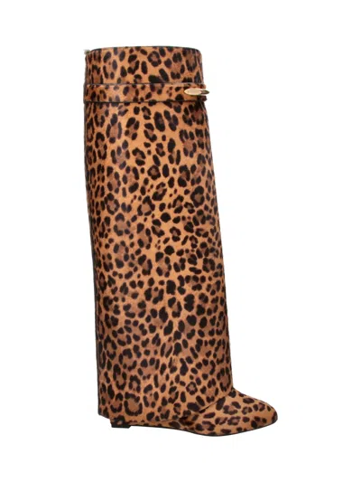 Givenchy Leopard Pony-effect Leather Shark Pinch Knee-high Boots In Brown