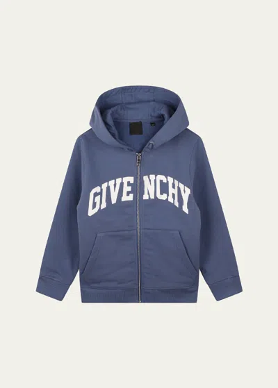 Givenchy Boy's Curved Logo-print Hoodie In 81a-blue