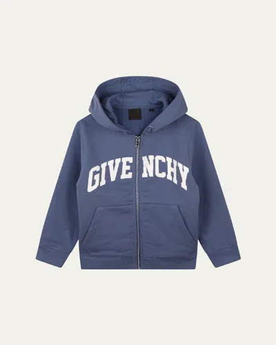 Givenchy Kids' Boy's Curved Logo-print Hoodie In Blue