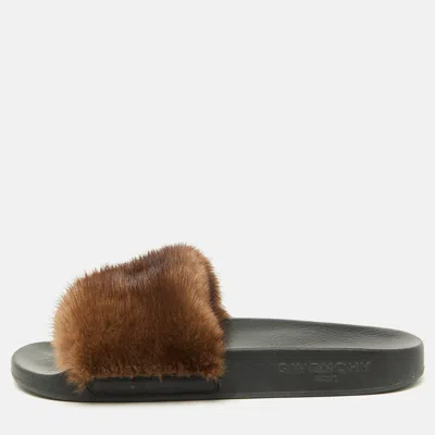 Pre-owned Givenchy Brown Mink Fur Pool Slide Sandals Size 36