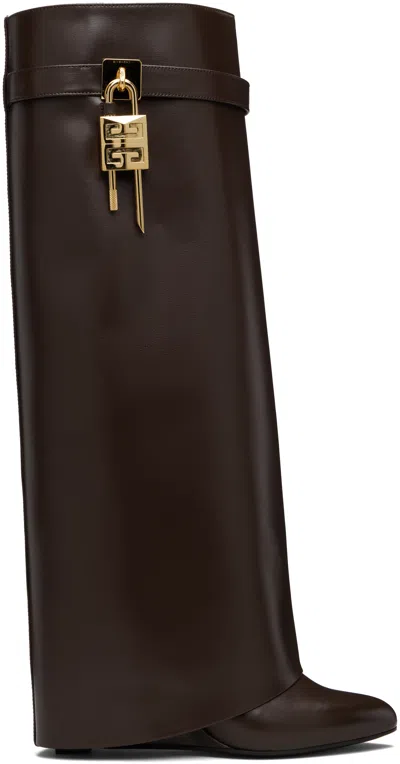 Givenchy Shark Lock Embellished Glossed-leather Knee Boots In Brown