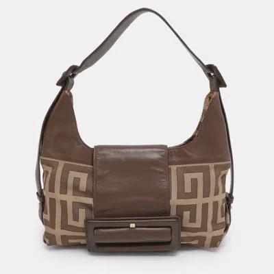 Pre-owned Givenchy Brown/beige Monogram Canvas And Leather Buckle Flap Hobo