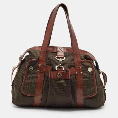 Pre-owned Givenchy Brown/olive Green Monogram Nylon And Leather Shoulder Bag