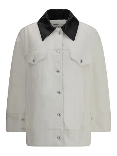 Givenchy Women Denim Jacket With Leather Collar In White