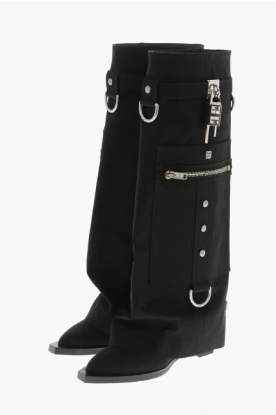 Givenchy Canvas Knee-high Boots Cowboy With Cargo Design 7cm Heel In Black