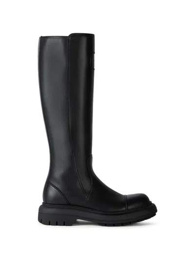 Givenchy Cargo Biker Knee High Boots In Leather In Schwarz