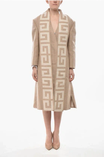 Givenchy Cashmere-blend Coat With Integrated Scarf And Monogram Motif In Brown