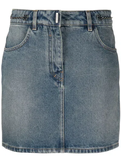GIVENCHY CERULEAN BLUE COTTON DENIM MINI SKIRT WITH CHAIN-LINK DETAILING AND SILVER-TONE LOGO PLAQUE