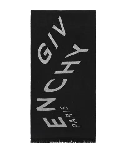 Givenchy Chevron Logo Print Wool Scarf With Fringed Hem