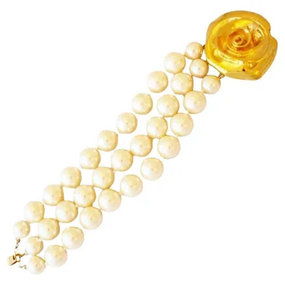 Pre-owned Givenchy Chunky Three Strand Pearl Bracelet With Gilded Rose Clasp By , 1980s In Red