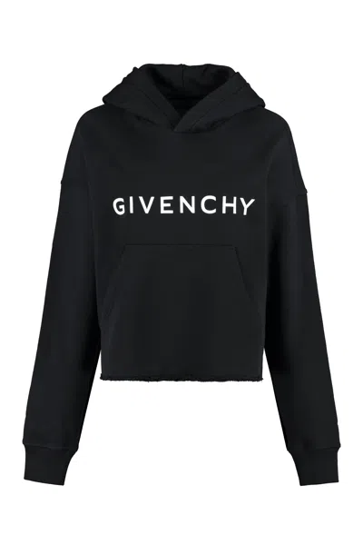 Givenchy Classic Black Cotton Cropped Hoodie With Logo Print For Women
