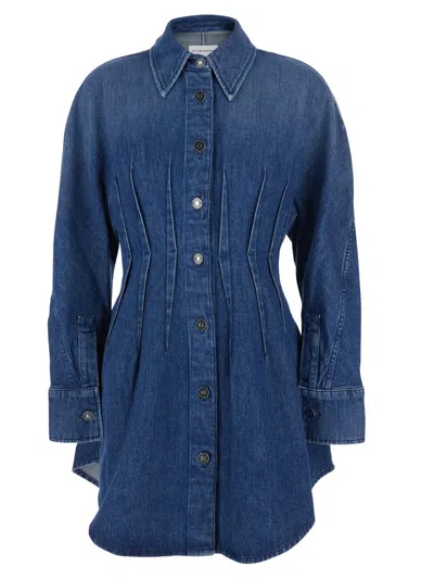 Givenchy Classic Collar Button-up Dress With Cinched Waist And Pleated Front In Blue