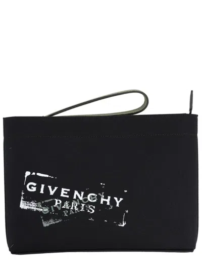 Givenchy Men Black Clutch Bag With Top Handle And Logo Print On The Front In Cotton Man