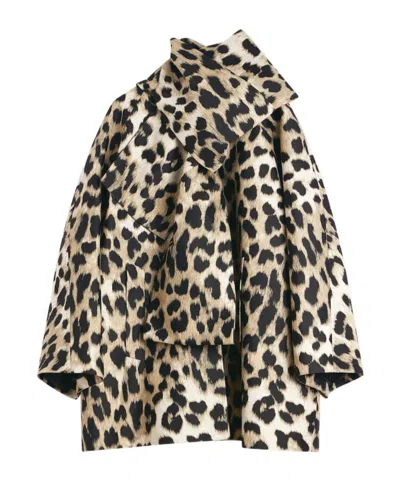 Givenchy Cocoon Coat In Leopard Jacquard With Scarf In Brown