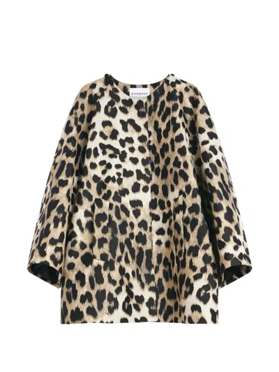 Givenchy Cocoon Coat In Leopard Jacquard With Scarf In Black