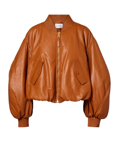 Givenchy Cropped Cocoon Bomber In Nappa Leather In Brown