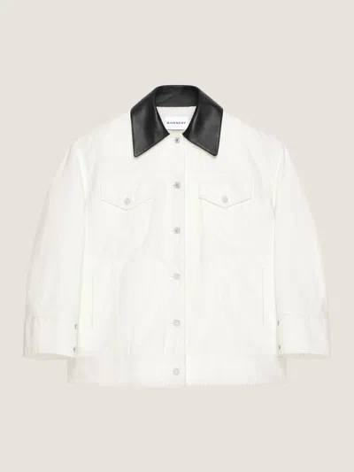 GIVENCHY COCOON JACKET IN WHITE DENIM WITH LEATHER COLLAR