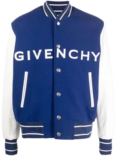 Givenchy Mixed Media Logo Wool Blend Varsity Jacket In White Blue