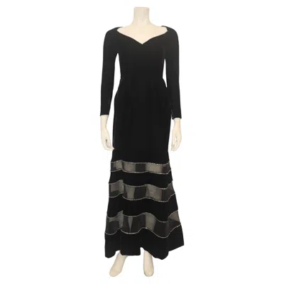 Pre-owned Givenchy Couture Black Velvet Gown With Mesh & Rhinestone Stripe Skirt Detail