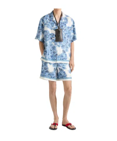 Givenchy Couture Seam Bermuda Shorts In Silk With Pompom Print In Blue