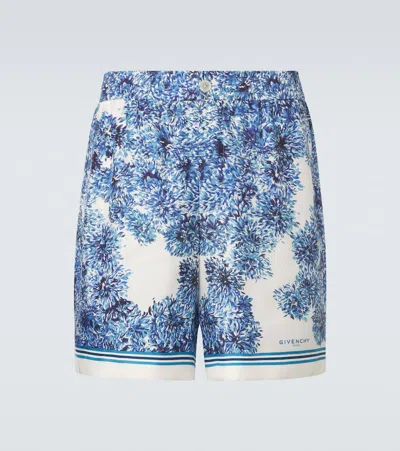 Givenchy Couture Seam Printed Silk Twill Shorts In Blue