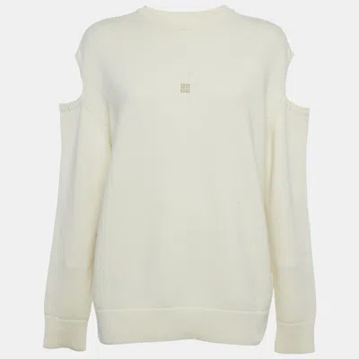 Pre-owned Givenchy Cream Logo Intarsia Wool & Cashmere Cold Shoulder Sweater S In White