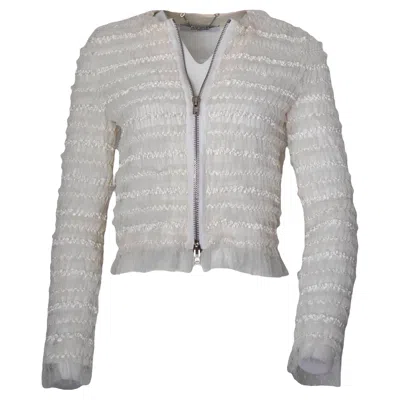 Pre-owned Givenchy Cream Mesh & Ribbon Striped Zip Jacket Size 40 In White