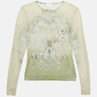 Pre-owned Givenchy Cream Monogram Sheer Jacquard Knit Long Sleeve Top S