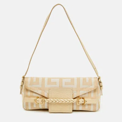 Pre-owned Givenchy Cream/beige Monogram Canvas And Leather Flap Baguette Bag