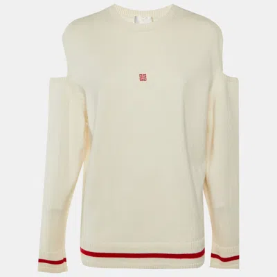 Pre-owned Givenchy Cream/red Logo Intarsia Wool Blend Cut Out Sleeve Detail Sweater S In White