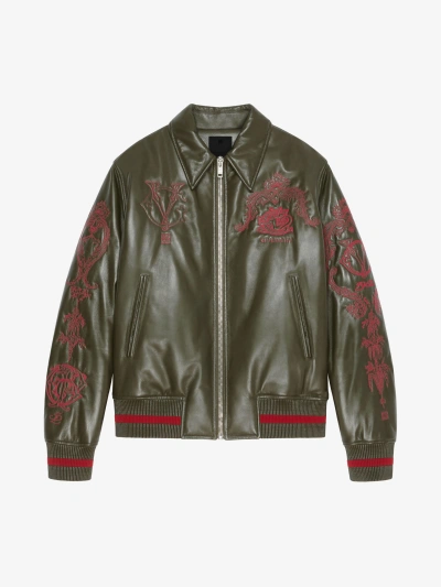 Givenchy Crest Bomber Jacket In Embroidered Leather In Olive Green
