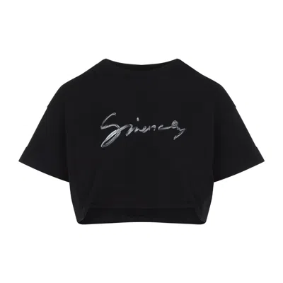 GIVENCHY GIVENCHY CROPPED BLACK T-SHIRT WITH REFLECTIVE LOGO DESIGN