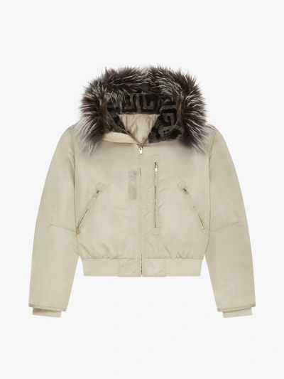 Givenchy Cropped Bomber Jacket With 4g Fur Hood In Mastic