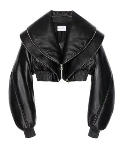 Givenchy Cropped Bomber With Zipped Shawl Collar In Leather In Black