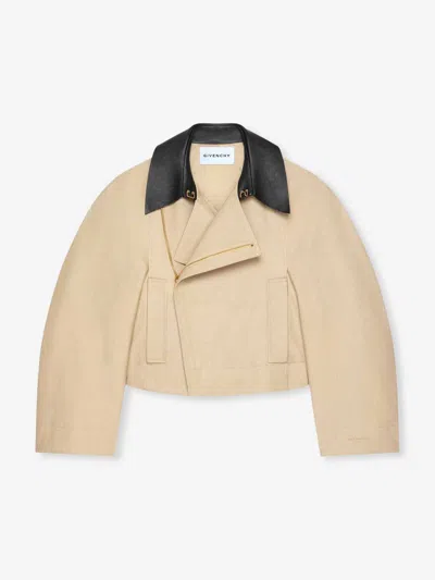 Givenchy Cropped Peacoat With Leather Collar In Cotton And Wool In Neutral