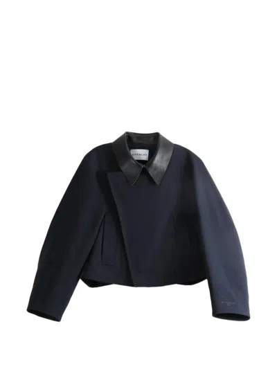 Givenchy Cropped Leather-collar Asymmetric-front Jacket In Blue
