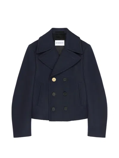 Givenchy Blue Coat With Wide Lapels And Logoed Buttons In Wool Man