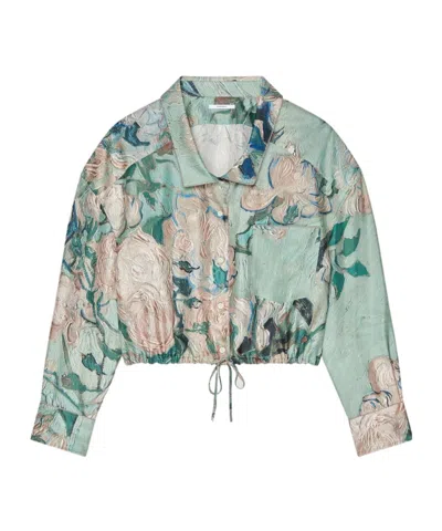 Givenchy Cropped Shirt In Silk With Roses Print In Green