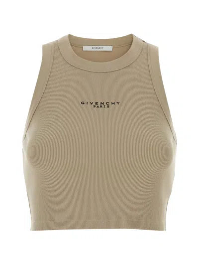 Givenchy Stretch Cotton Crop Top Sleeveless Ribbed In Brown