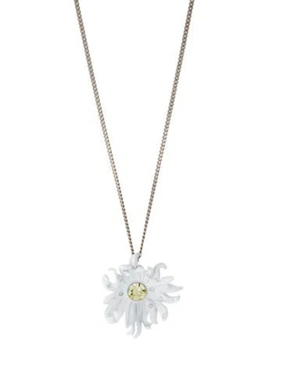 Pre-owned Givenchy Crystal & Enamel Daisy Pendant Necklace, 40" In Clear/white/yellow