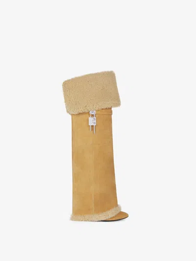 Givenchy Shark Lock Stiletto Boots In Suede And Shearling In Hazel