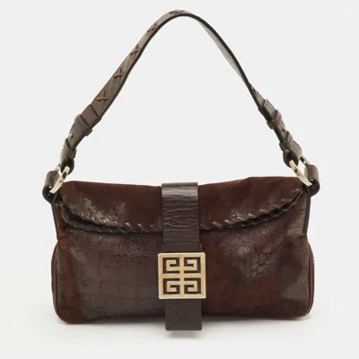 Pre-owned Givenchy Dark Brown Croc Embossed Suede Logo Flap Baguette