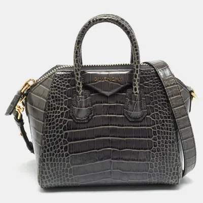 Pre-owned Givenchy Dark Grey Croc Embossed Leather Mini Antigona Satchel In Gray