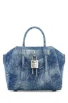 Givenchy Mini Antigona Lock Bag In Washed Embroidered Denim In Mediumblue