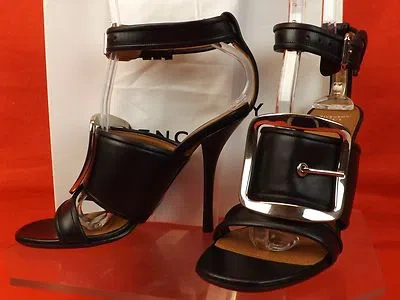 Pre-owned Givenchy Diana Black Leather Silver Tone Metal Buckle Strap Sandals 39 $1435