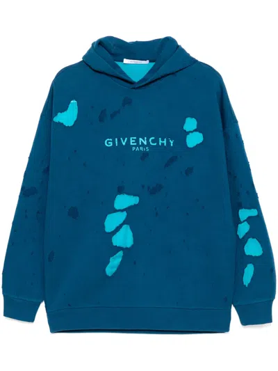 Givenchy Distressed Logo-print Hoodies In Blue