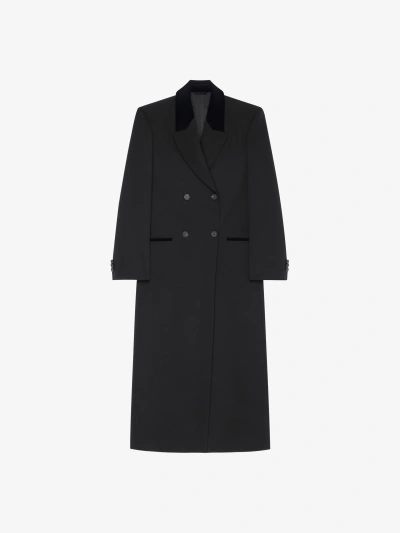 Givenchy Double Breasted Coat In Tricotine Wool With Velvet Details In Black