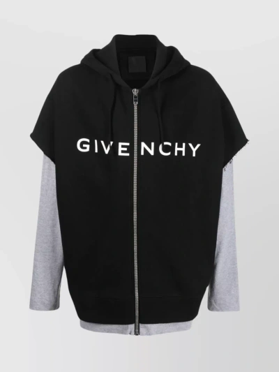 Givenchy Drawstring Hood Layered Hooded Sweater In Black